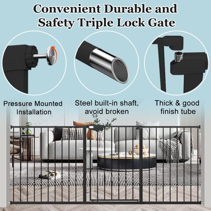 WAOWAO Triple Lock Baby Gate Extra Wide 49.21-53.14" Pressure Mounted Walk Through Swing Auto Close Safety Black Metal Dog Pet Puppy for Stairs,Doorways,Kitchen
