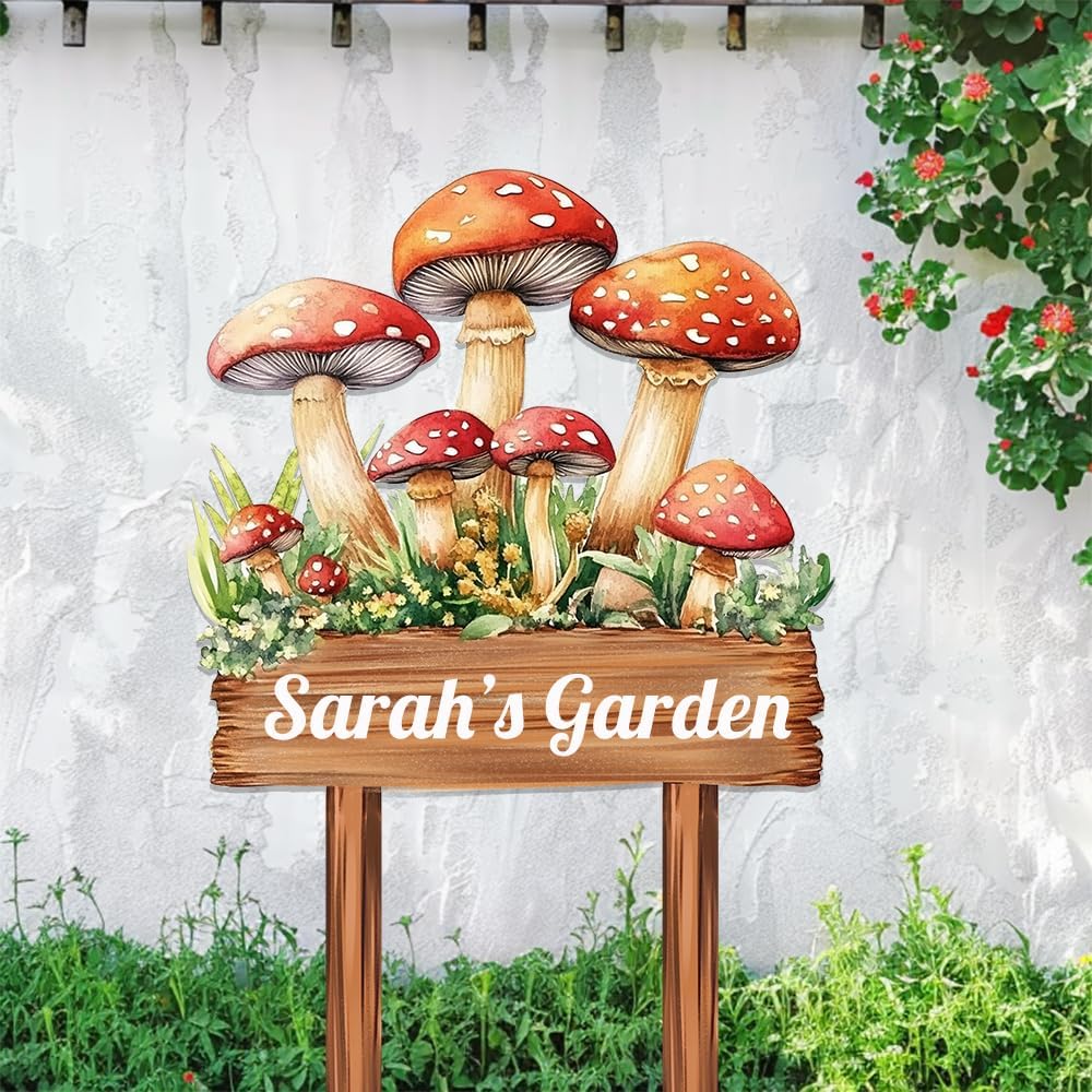 Personalized Mushroom Metal Sign with Stake,Custom Gardener Family Name Signs Outdoor Decor,Customized Flower Gardening Housewarming Gifts,Flowers Plaques for Patio Lawn Porch Backyard Farmhouse
