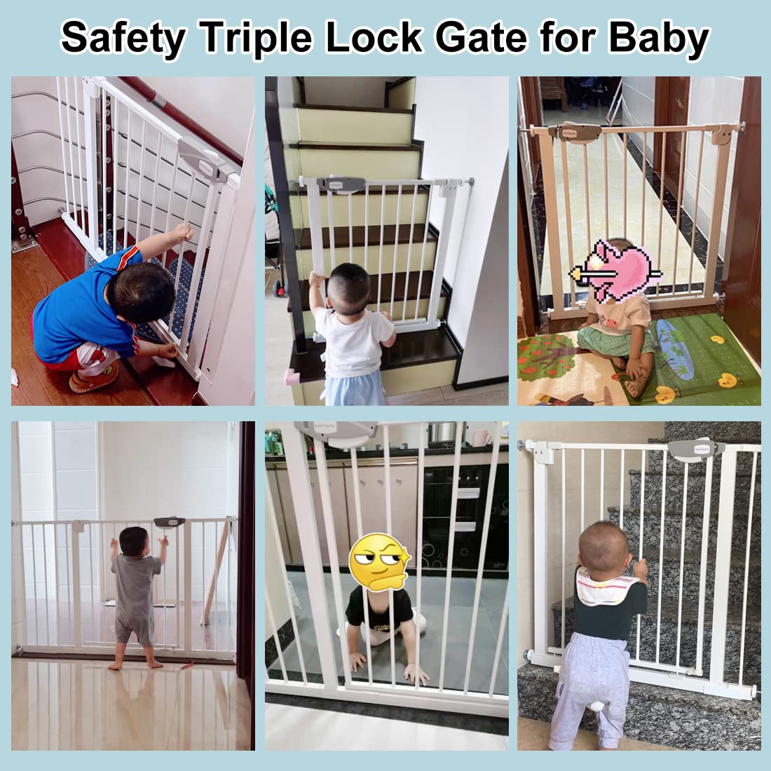WAOWAO Triple Lock Baby Gate Extra Wide 39.76-43.7" Pressure Mounted Walk Through Swing Auto Close Safety Black Metal Dog Pet Puppy for Stairs,Doorways,Kitchen