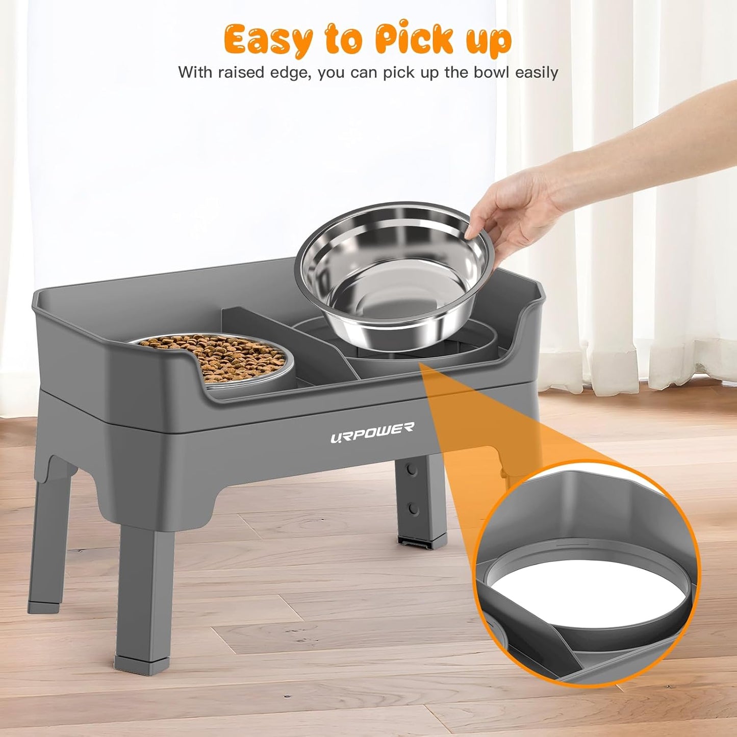 URPOWER 3-in-1 Elevated Dog Bowls - Mess Proof Double Deck 4 Height Adjustable Raised Stand with 2 Stainless Steel Food Bowls & Licking Plate for Small, Medium & Large Dogs