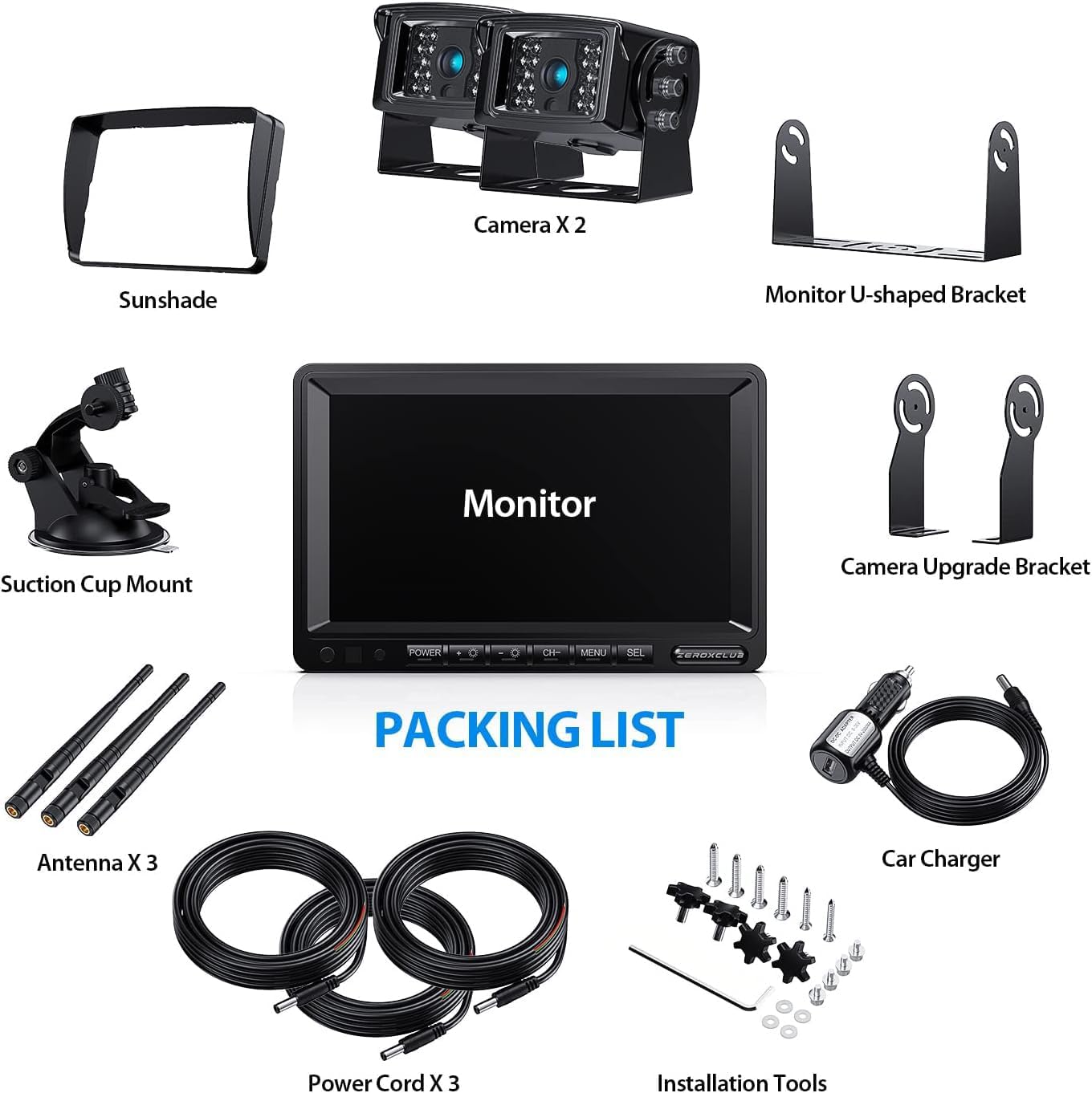 Digital Wireless Backup Camera System Kit, IP69K Waterproof Wireless 2 Rear View Camera + 7ââ LCD Dual Split Monitor for RV/Truck/Bus/Camper/Trailer (WX02)