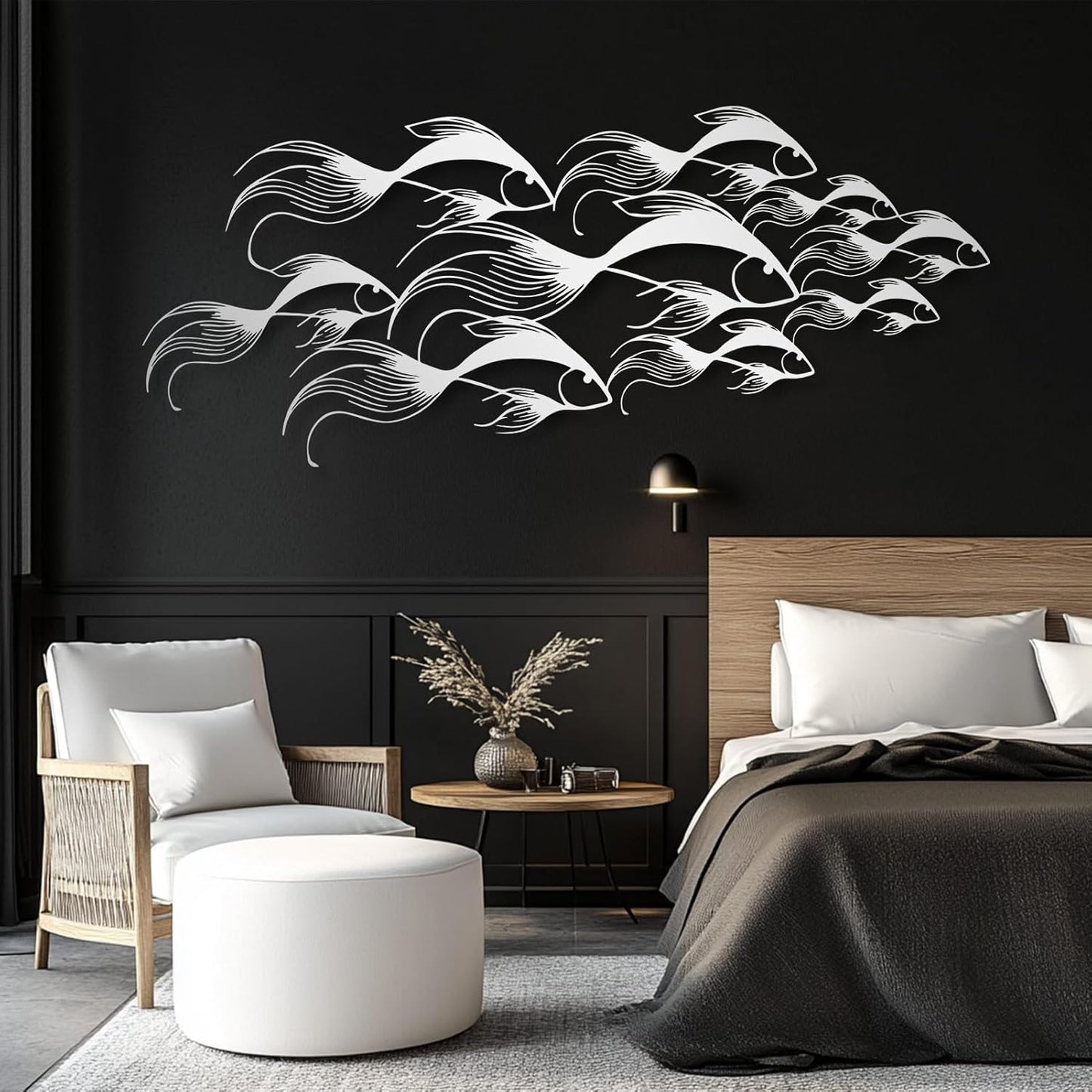 School of Fish Metal Wall Art, Metal Fish Wall Decor, Sea Life Wall Art, Large Nautical Wall Hanging, Modern Beach House Wall Decor, Ocean Themed Artwork for Bathroom (Black, 53"x22" | 135x57cm)