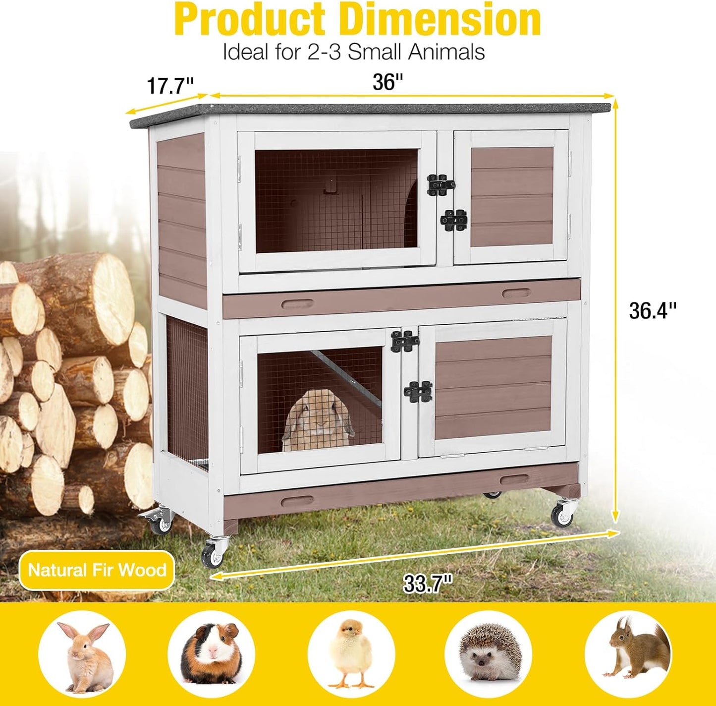 Aivituvin Rabbit Hutch Indoor Bunny Cage Outdoor 2 Story Pet House Guinea Pig Cage on Wheels 36" (Brown)