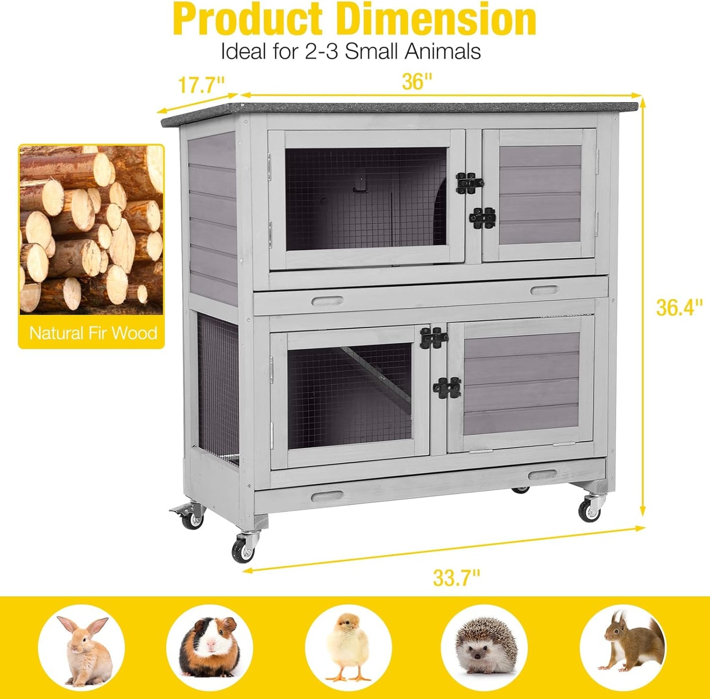 Aivituvin Rabbit Hutch Indoor Bunny Cage Outdoor 2 Story Pet House Guinea Pig Cage on Wheels 36"