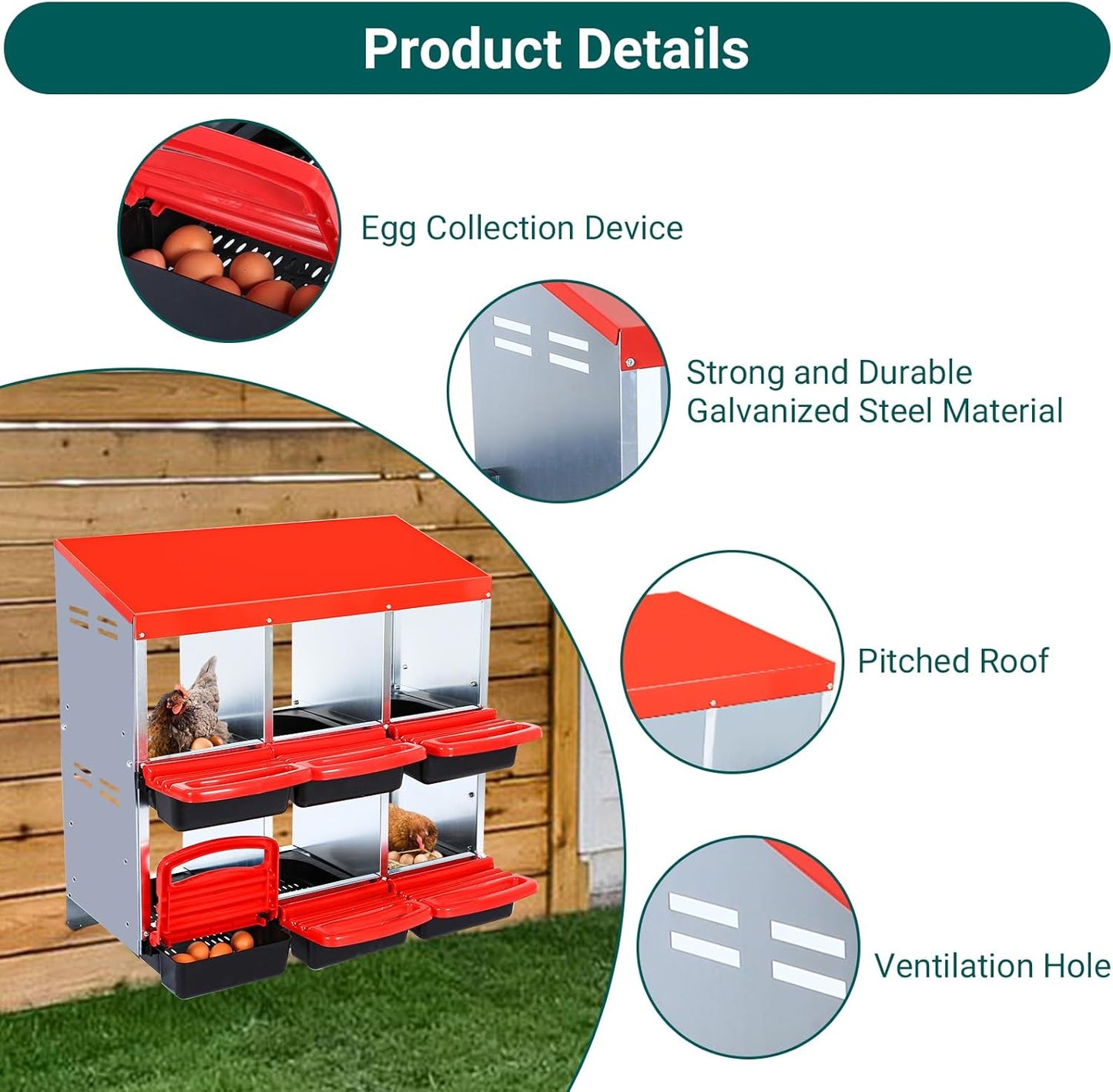 Nesting Boxes for Chickens, Chickens Laying Boxes for Chicken Coop, 6 Compartments Chicken Nesting Boxes, with Removable Tray, Easy Cleaning, for Hens Outdoor Chicken Coop Farm Yard, Red