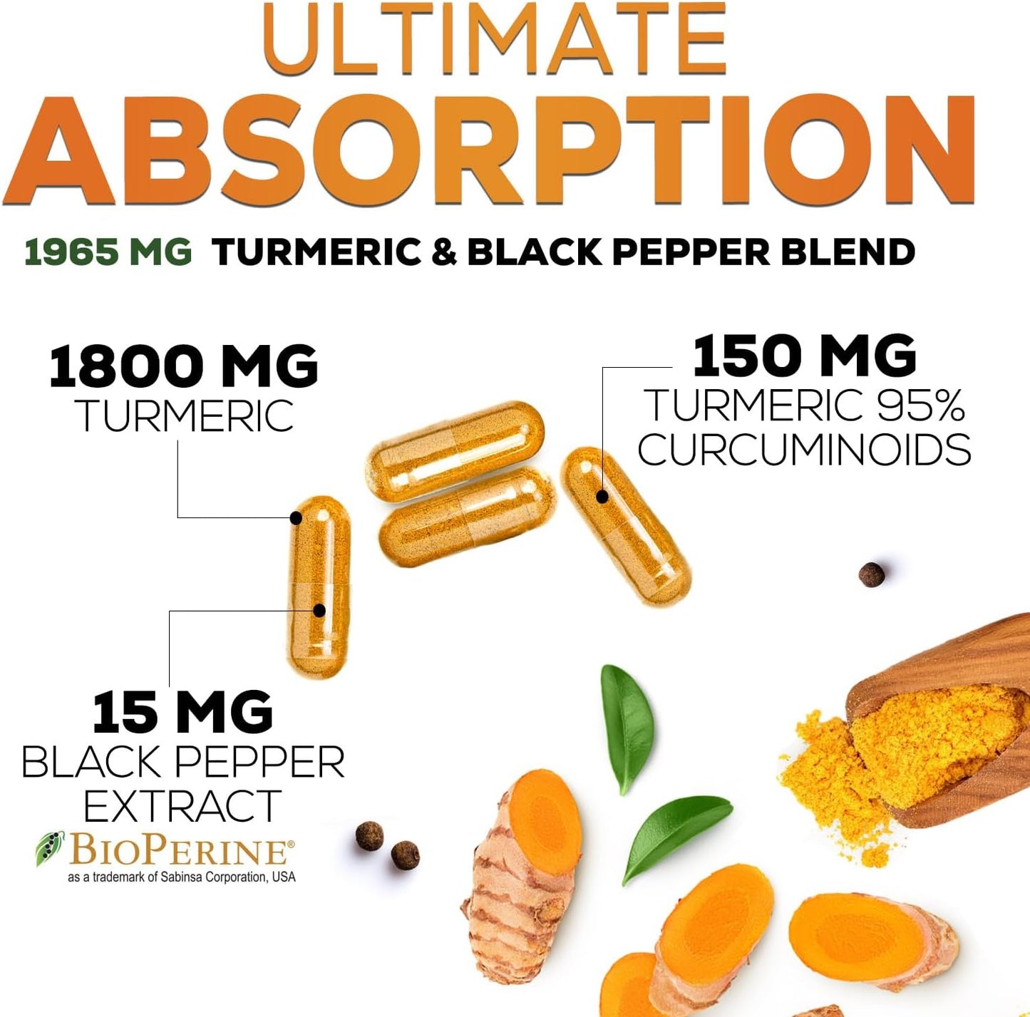 Turmeric Curcumin Supplement 1950mg - 95% Curcuminoids with Organic Turmeric & BioPerine Black Pepper Extract for Best Absorption, Nature's Vegan Joint Support, Non-GMO, Bottled in USA - 240 Capsules