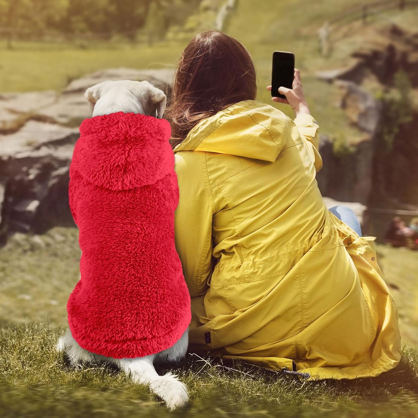 Fuzzy Dog Sweaters for Large Dogs Soft Double-Sided Plush Fleece Pet Sweater Clothes Pet Coats Dog Hoodie Sherpa Hooded Sweatshirt(Red-L)