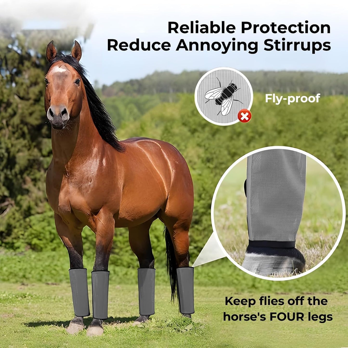 Mesh Horse Fly Boots Set of 4,Adjustable and Universal Loose Fitting & Non-Slip Horse Fly Leggings for Horses,Reduce Stressful Stomping (Grey)