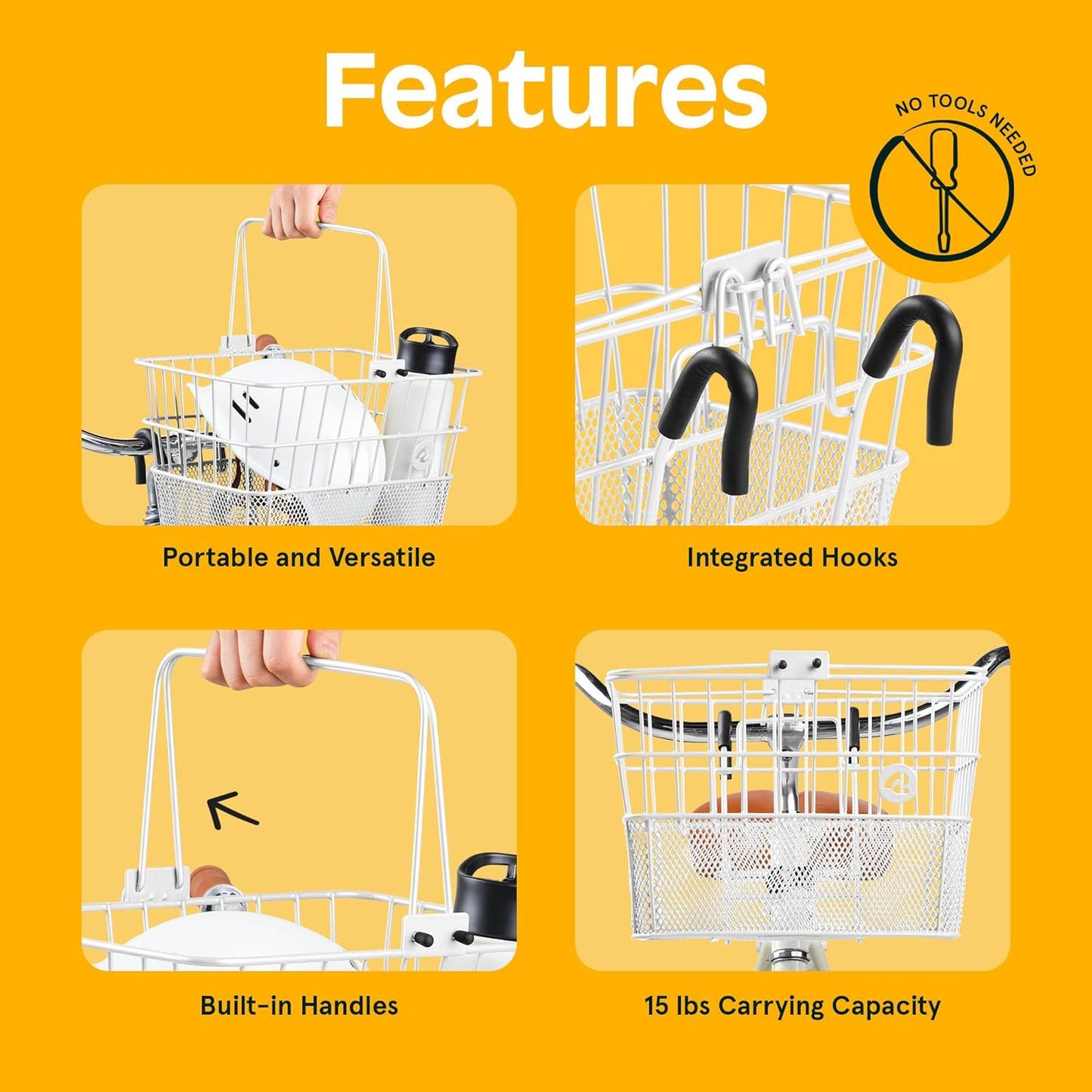 Retrospec Apollo Detachable Front Bike Basket Steel Half-Mesh with Integrated Detachable Hooks and Built-In Handle, Easy Assembly and Portability for Bicycles