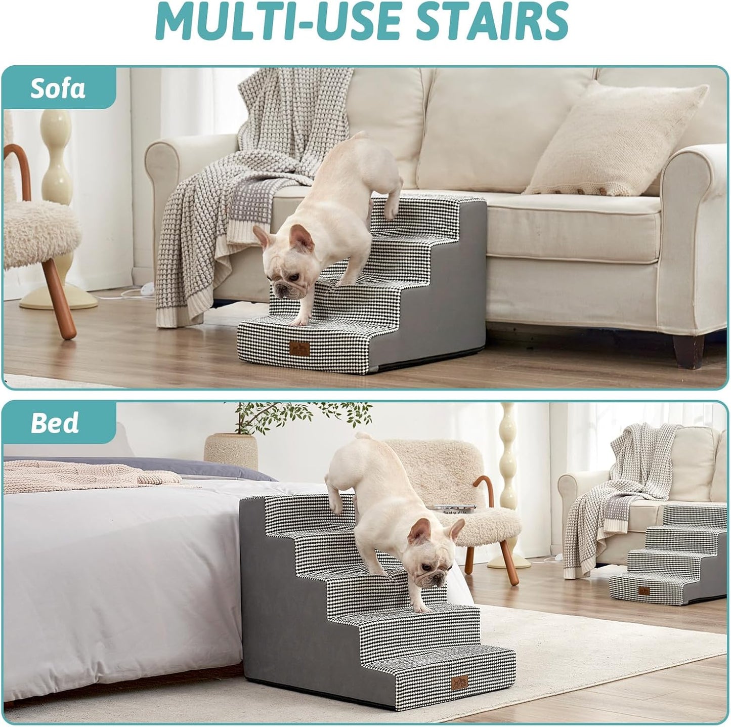 Dog Stairs for Small Dogs, 5 Tier Wider Pet Stairs for High Beds, 23.6" H Non-Slip Dog Steps for Old Cats, Puppies, Small Medium Dogs, 29.5x19.7x23.6 inch, White Black