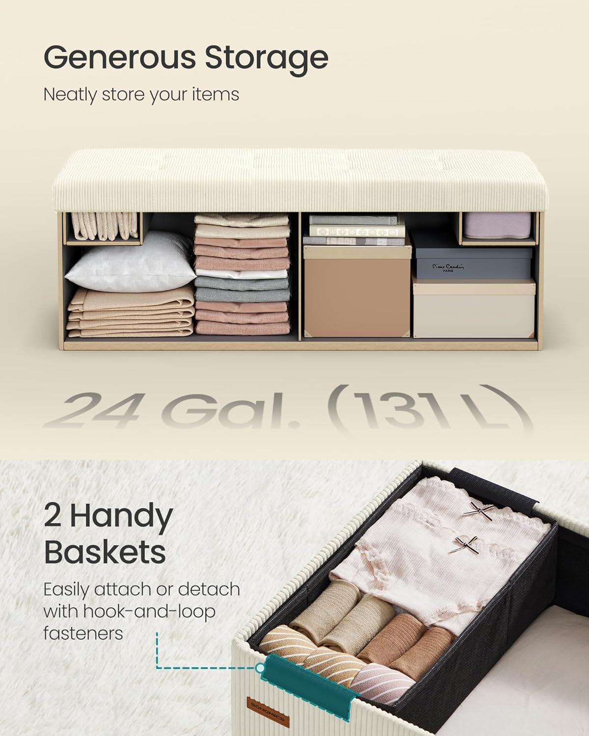 SONGMICS MAZIE Collection - Storage Ottoman Bench, Foldable Foot Rest, 15 x 43 x 15 Inches, End of Bed Bench, Storage Chest, Load 660 lb, Living Room, Bedroom, Entryway, Cream White ULSF604W01