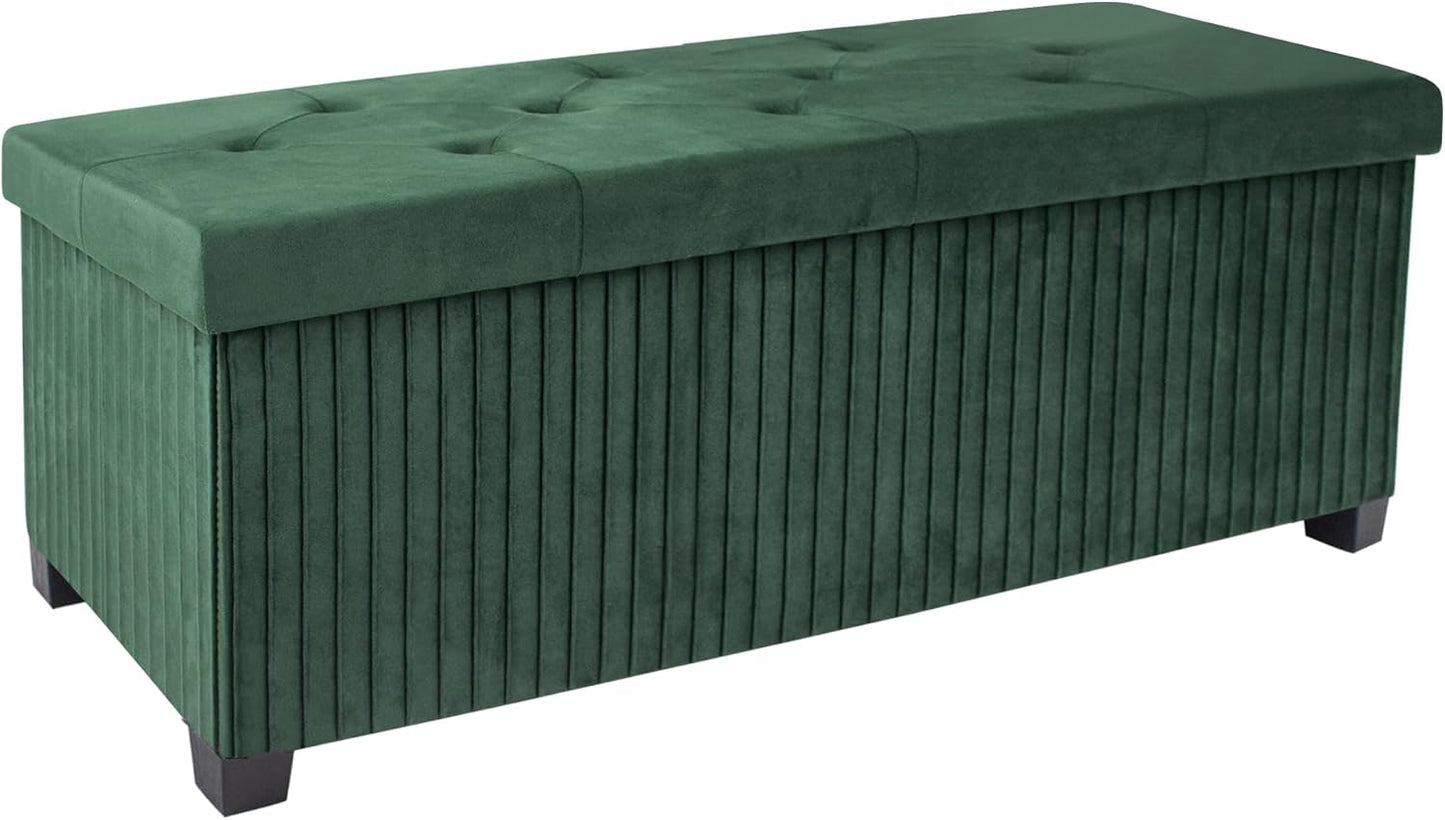 Storage Ottoman Bench, 43 Inch Foldable Ottoman with Legs, Velvet Foot Rest Stool, End of Bed Bench, Storage Chest for Living Room, Bedroom (Green)