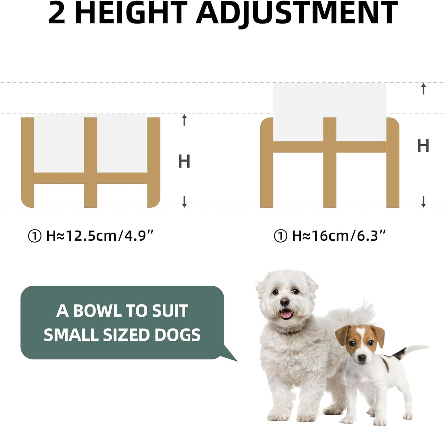 Ceramic Raised Dog and Cat Bowl Set, 2 Heights Elevated Stand, Food and Water Bowl for Small Breed Dogs, Weighted Dog Dishes, Pet Bowl(6.1'',28.7oz, White)