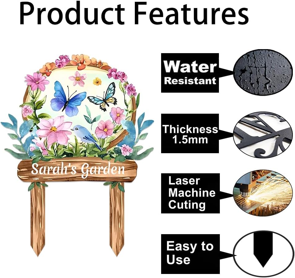 Personalized Watercolor Garden Metal Sign with Stake,Custom Gardener Last Name Signs Outdoor Decor,Customized Birds Gardening Gifts for Mom,Butterfly Flowers Plaques for Patio Lawn Porch Yard Garage