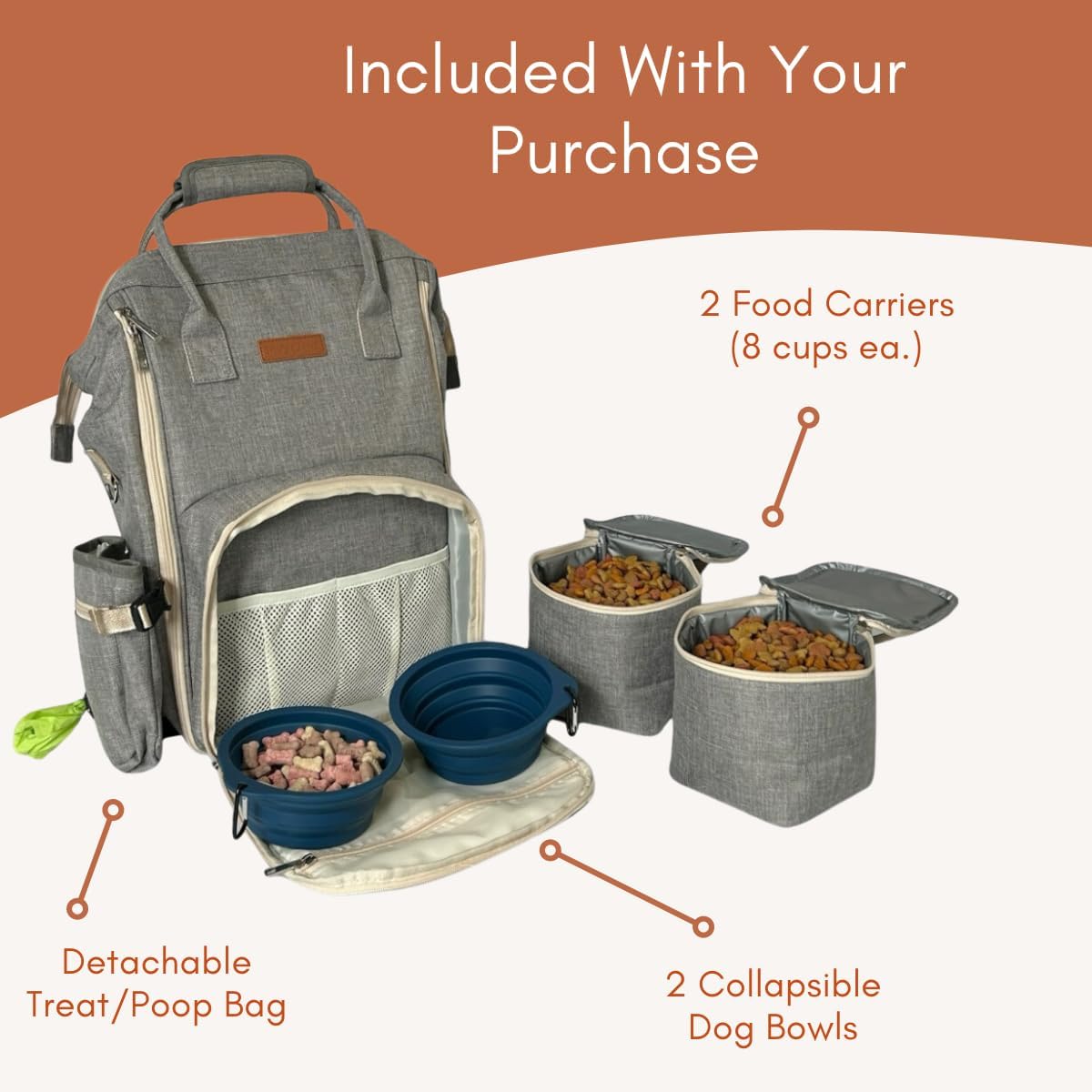 Tito's Closet Dog Travel Bag Includes Dog Travel Accessories 2-Pack Dog Travel Bowl, 2 Dog Food Containers, Dog Treat Bag (Gray), DB2024