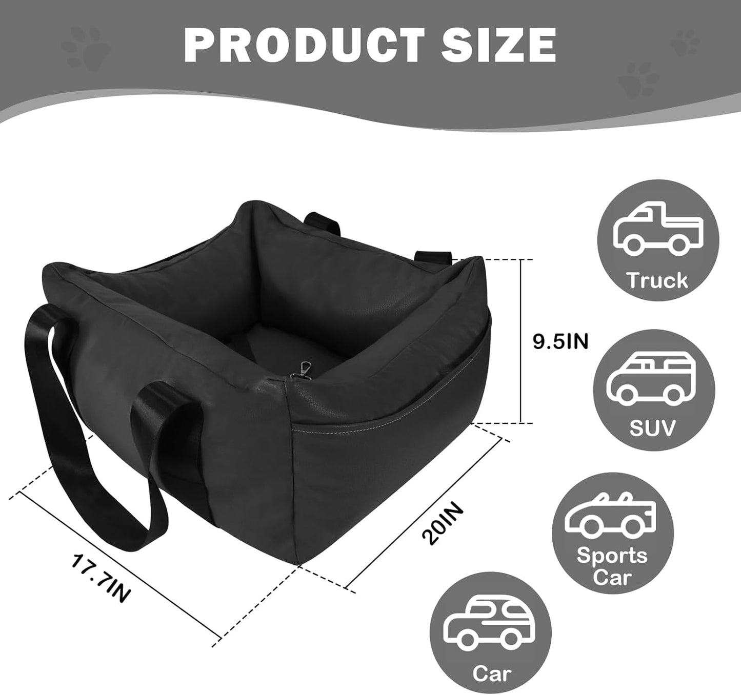 Dog Car Seat for Small Dogs, Large Leather Dog Car Bed with Storage Pocket, Waterproof PVC Leather Booster Seat Travel Bed for Front & Back Seat, Clip-On Safety Leash (Black)