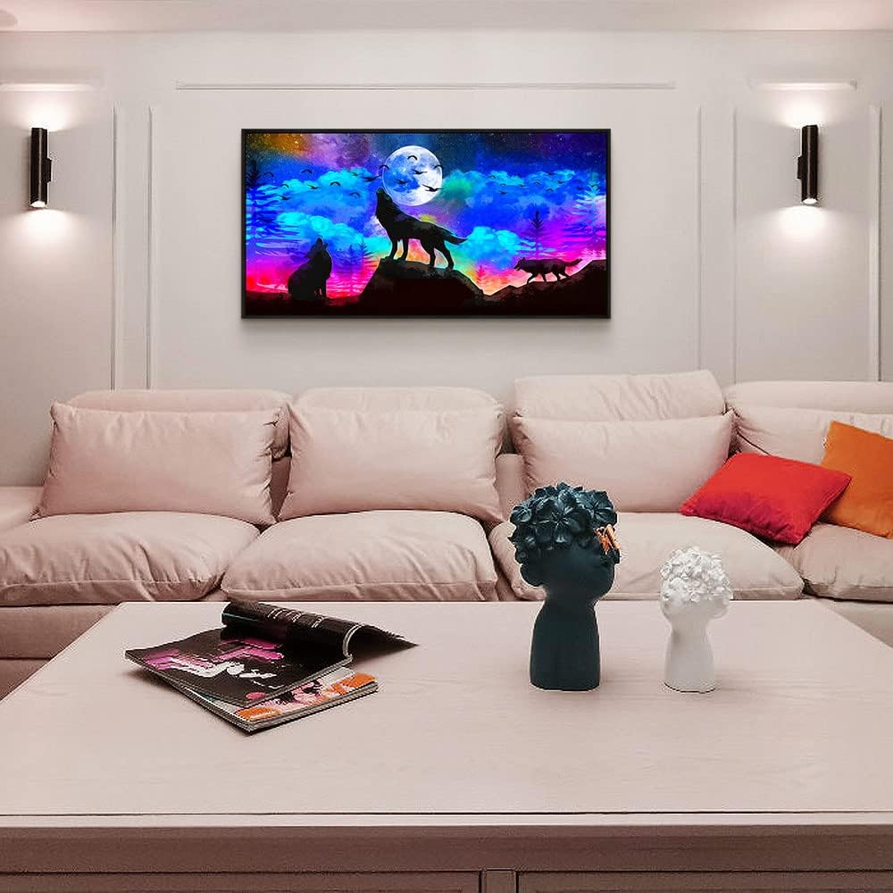 Framed Canvas Wolf Landscape Painting Canvas Wall Art For Living Room Bathroom Wall Decor For Bedroom Kitchen Artwork Canvas Art Prints Modern Office Home Decorations Blue Starry Sky Hang Pictures