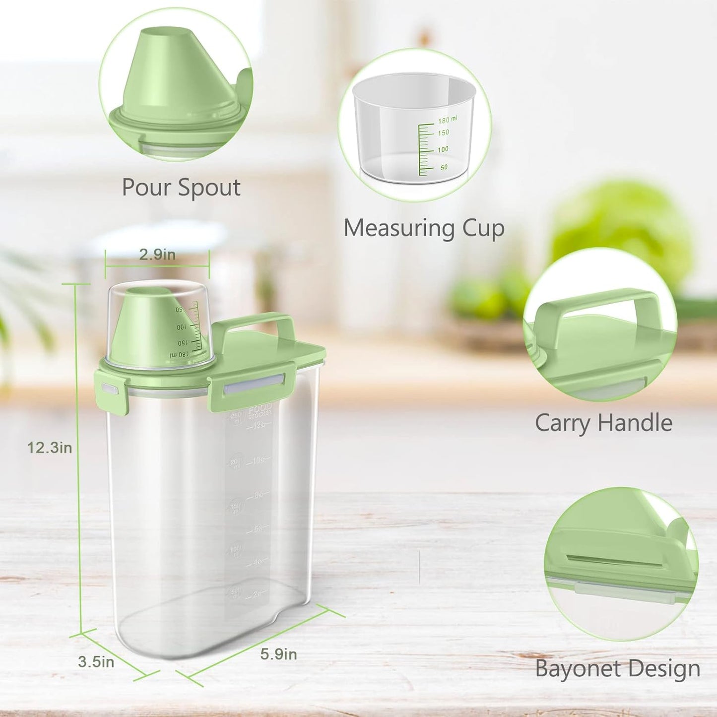 TBMax Rice Container Cereal Storage Container 2 Pack 5 Lbs, Plastic Kitchen Pantry Food Storage Container with Cup, Small Pet Dog Cat Food Dispenser -Green