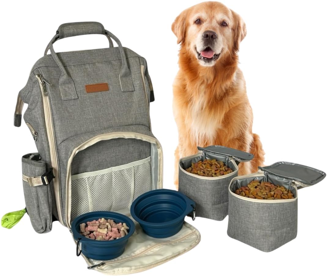 Tito's Closet Dog Travel Bag Includes Dog Travel Accessories 2-Pack Dog Travel Bowl, 2 Dog Food Containers, Dog Treat Bag (Gray), DB2024