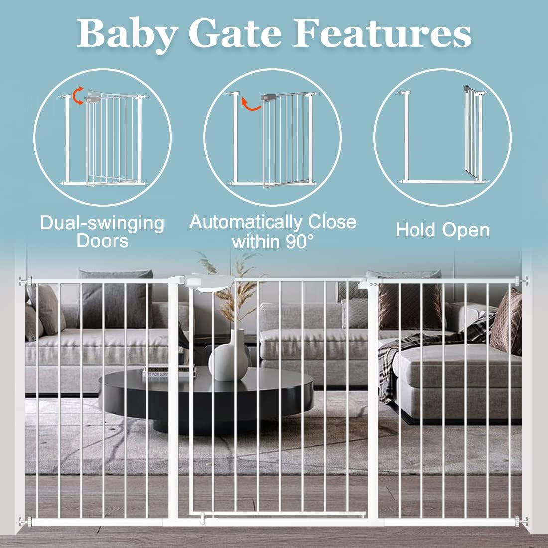 WAOWAO Triple Lock Baby Gate Extra Wide 72.04-76.77" Pressure Mounted Walk Through Swing Auto Close Safety White Metal Dog Pet Puppy for Stairs,Doorways,Kitchen