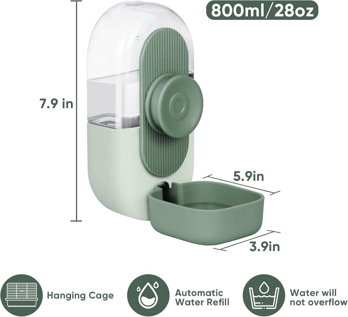 28oz Hanging Automatic Water Dispenser，Rabbit Water Bottle,Bunny Guinea Pig Ferret Water Bowl for Cage,Suitable for Small Animal Puppies(Cage Grid Spacing Over 1.2'') (Green)