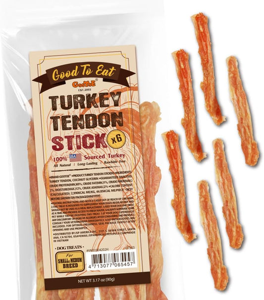 Gootoe Turkey Tendons for Dogs –All-Natural, Hypoallergenic Dog Treats, Rawhide Alternative, Long Lasting Puppy Chews, Healthy Dog Treats for Medium Breeds, Stick (M), 6 Count Pack