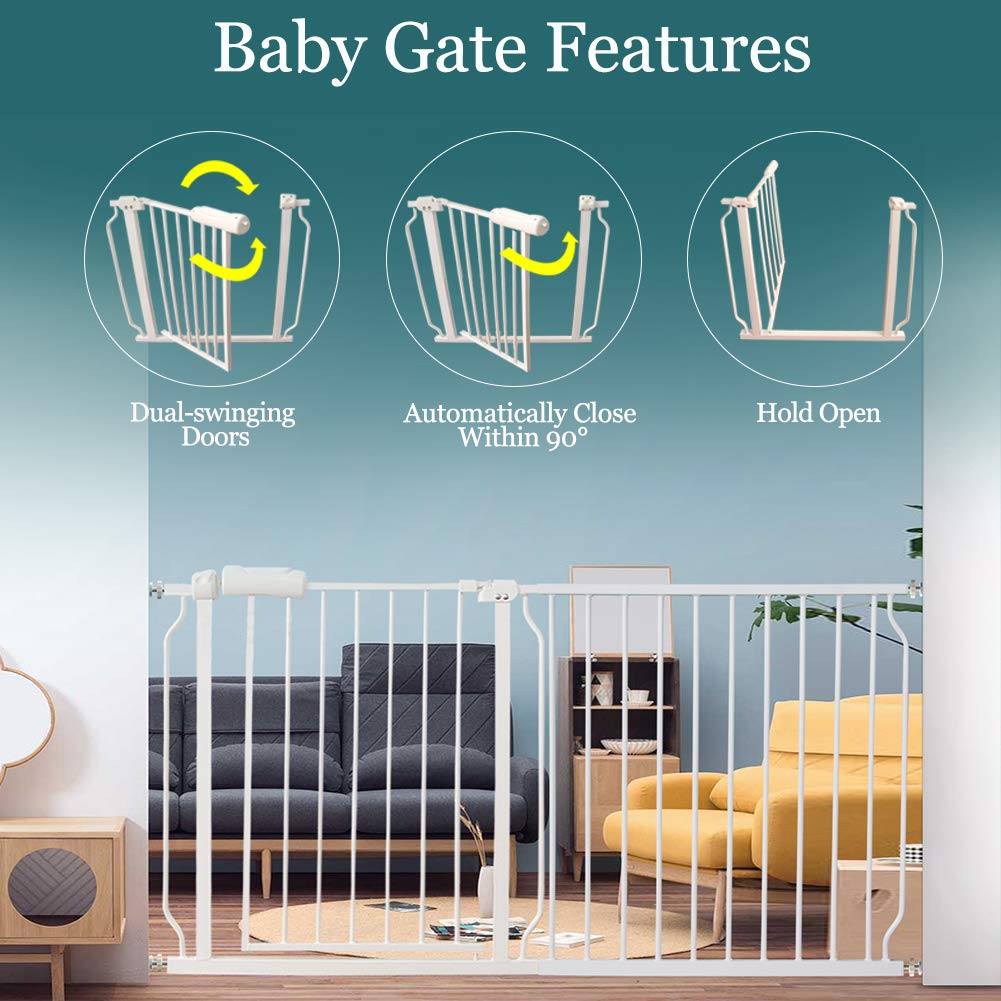 ALLAIBB Extra Wide Pressure Mounted Baby Gate Walk Through Child Kids Safety Toddler Tension White Long Large Pet Dog Gates with Extension for doorways Kitchen (76.38"-81.10"/194-206cm)