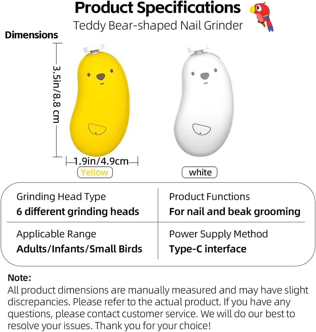 MANON ROSA Bird Nail Grinder, Bird Beak Grinder- Safe and Quiet Bird Nail Care Tool, Complete Grooming Kit for Parrots Conures Cockatiels Finches Parakeets, Premium Beak Maintenance (White)
