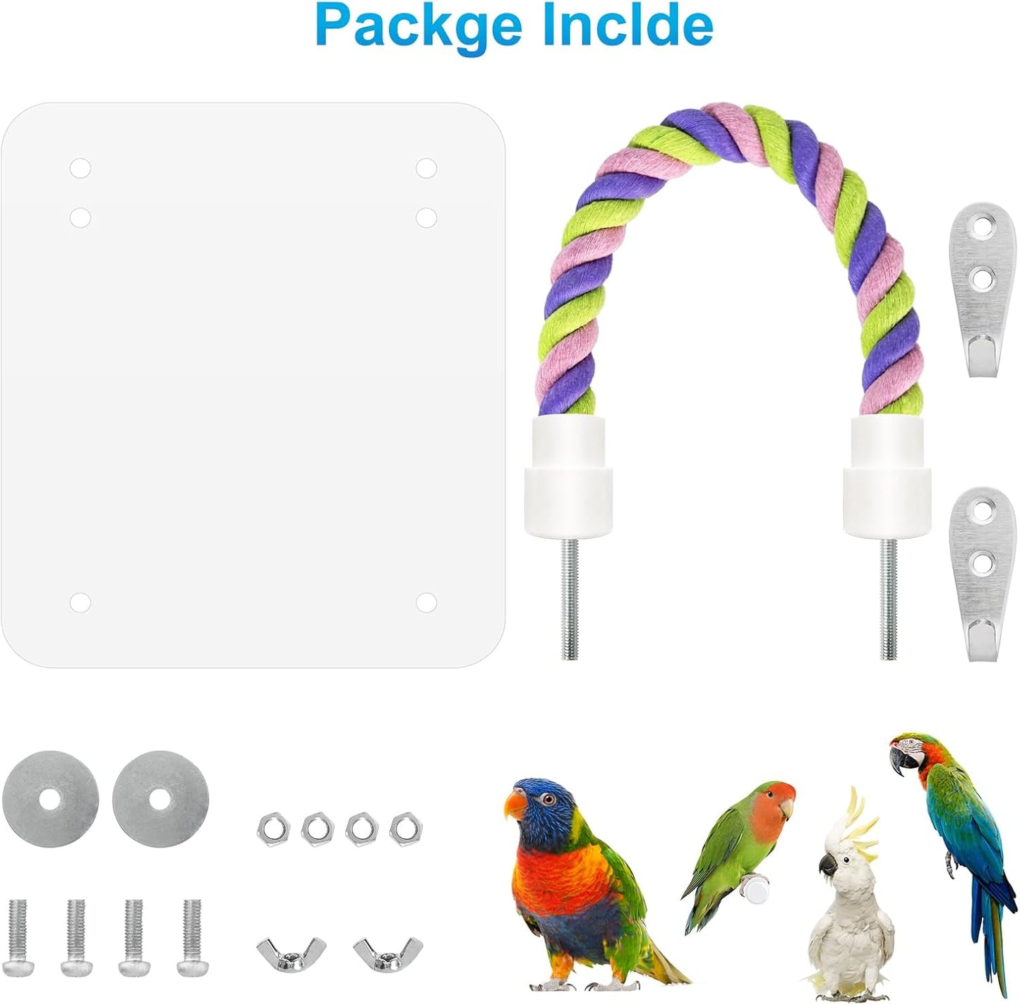 5.9" Bird Mirror with Rope Perch Bird Toys Swing, Comfy Perch for Greys Amazons Parakeet Cockatiel Conure Lovebirds Finch Canaries