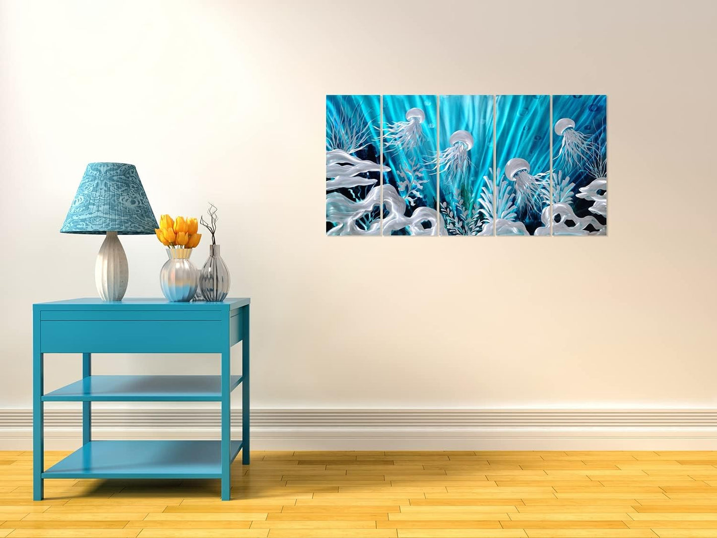 SYGALLERIER Jelly Fish Large Metal Wall Art Hand Grind Aluminum Artwork 3D Undersea World Coastal Pictures Nautical Decor for Living Room Bedroom