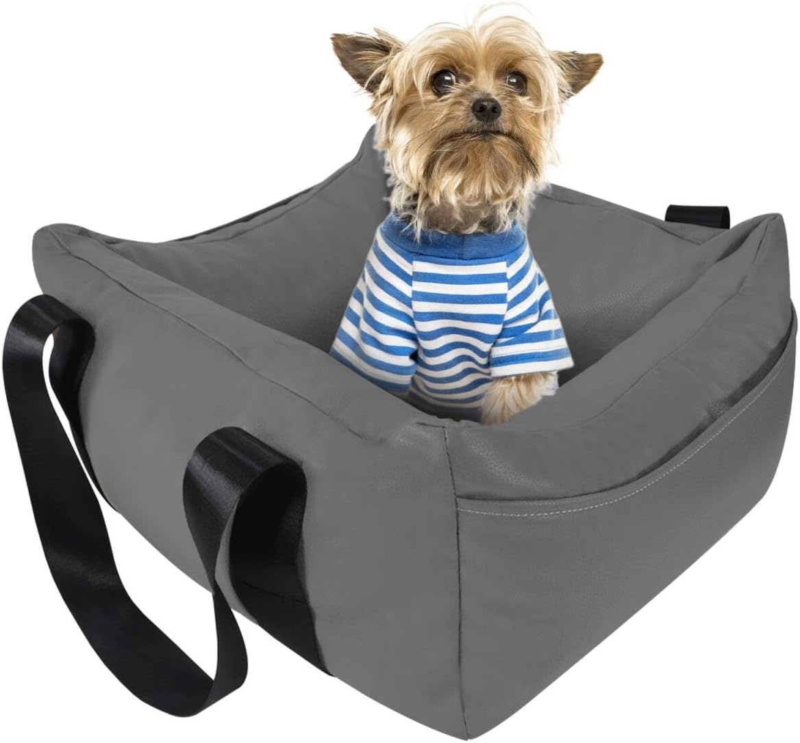 Dog Car Seat for Small Dogs, Large Leather Dog Car Bed with Storage Pocket, Waterproof PVC Leather Booster Seat Travel Bed for Front & Back Seat, Clip-On Safety Leash (Grey)