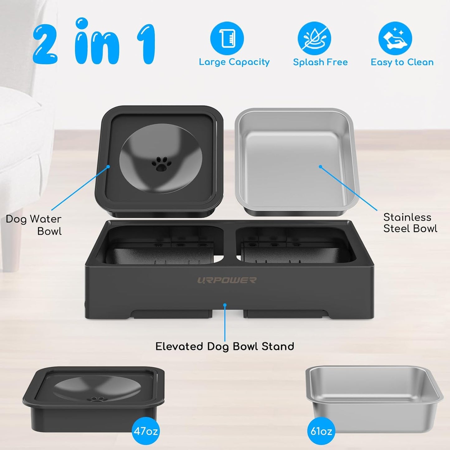 URPOWER 2-in-1 Elevated Dog Bowls 4 Height Adjustable Raised Dog Bowls with No Spill Water Bowl and Stainless Steel Food Bowl Non-Slip Stand for Small Medium Large Dogs