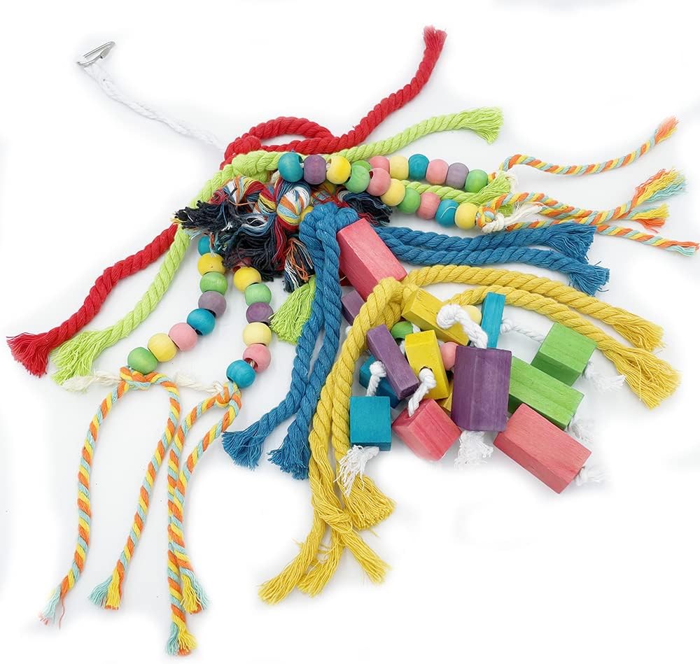 20.5 inch Parrot Chewing Toys - Wooden Block Tearing and Cotton Rope Toys for Medium Large Extra Large Parrot Conures African Grey Amazon Cockatoo and Macaw