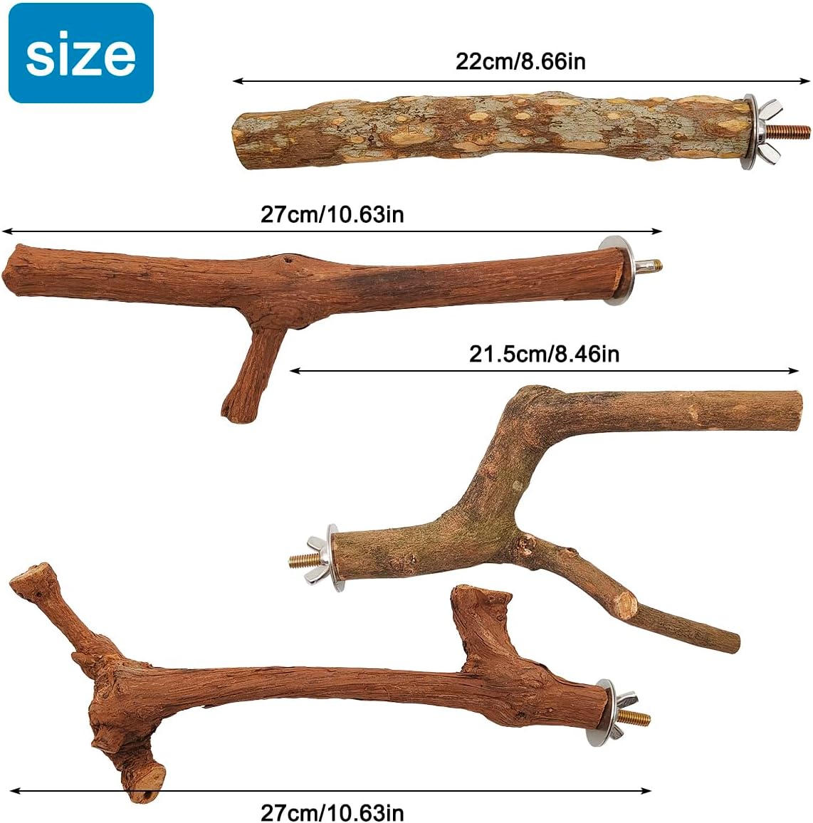 4 Pcs Natural Wooden Bird Perch Parrot Stand, 2 Grape Wood Perches, A Stand Fork Standing Branch, A Paw Grinding Fork, Bird Cage Accessories for Parakeets, Birdcage Sticks & Toys for Budgies, Finches