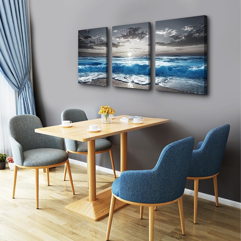 TTHYUEWS Beach Wall Art For Living Room Canvas Wall Decor For Bedroom Office Decorations Blue Sea Wave Paintings Black And White Wall Pictures Artworks Bathroom Canvas Art Modern Home Decor 3 Piece
