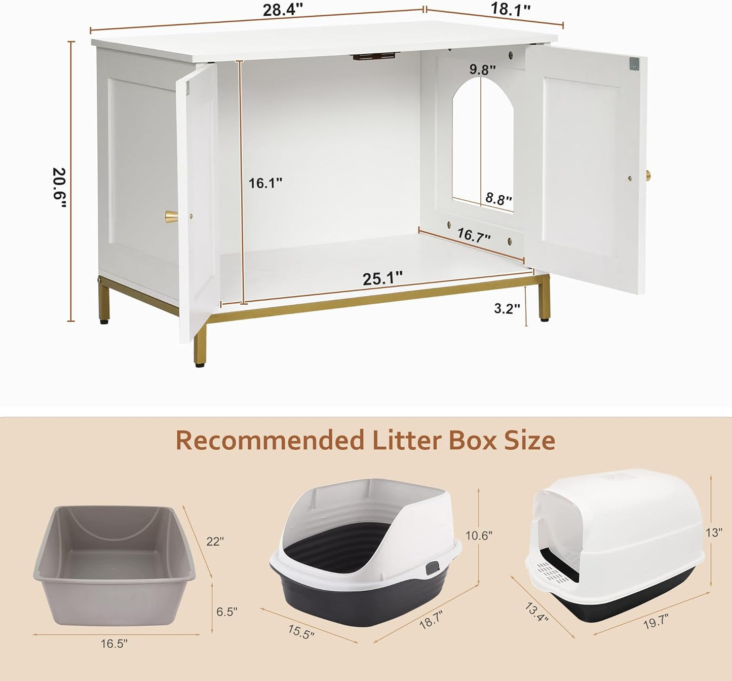 Homhedy Cat Litter Box Enclosure, Cat Washroom Furniture with Metal Frame, Pet House, Fit Most of Litter Box, Modern Style, White and Gold