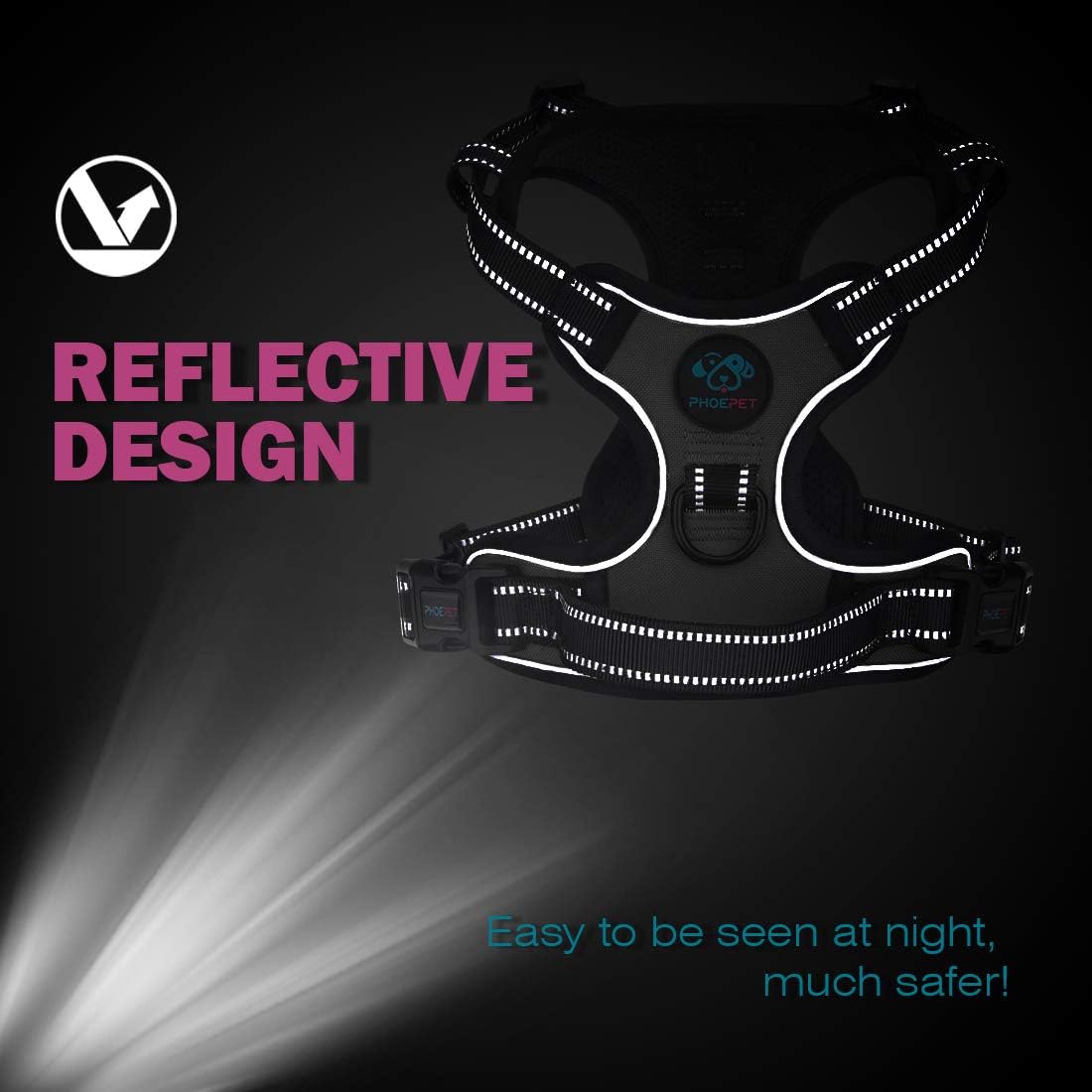 PHOEPET No Pull Dog Harness Medium Reflective Front Clip Vest with Handle,Adjustable 2 Metal Rings 2 Buckles(L, Grey)