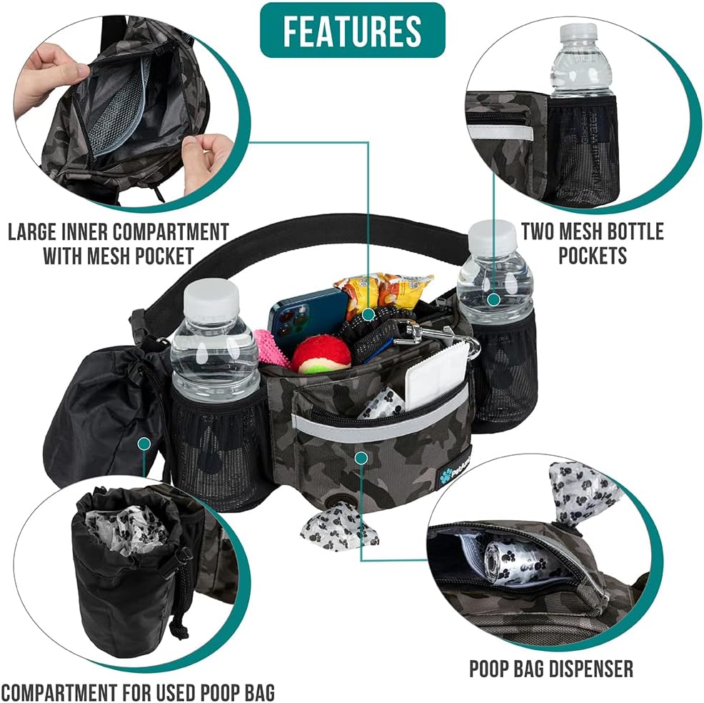 PetAmi Dog Fanny Pack, Treat Pouch for Dog Walking, Training, Built in Poop Bag Dispenser, Water Bottle Holder, Collapsible Bowl, Pet Treat Waist Belt for Hiking, Running, Kibbles (Camo Black)