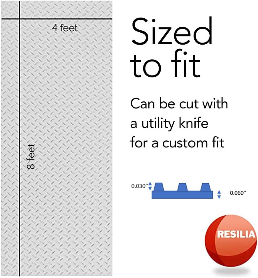 RESILIA Heavy Duty Garage Floor Runner & Protector Mat - Slip Resistant Diamond Plate PVC Mats - Water, Spill, & Stain Resistant, Silver (4 feet x 8 feet)