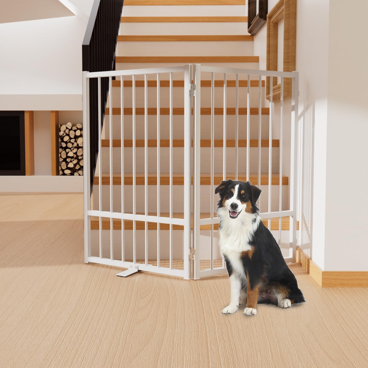 Full Metal Freestanding Dog Gate with Door, 32''Height Foldable Pet Dog Fence for Indoor & Outdoor, 2 Panels Extra Wide Free Standing TallDog Gates for Doorways,House,Stairs,Porch,Deck,Yard