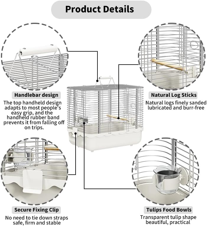 Bird Carrier Travel Cage, Durable Portable Stainless Steel Birdcage with Bird Perch & Feeding Bowl for Parrots Canaries Budgies Lovebirds Conures Cockatiels (Small White)