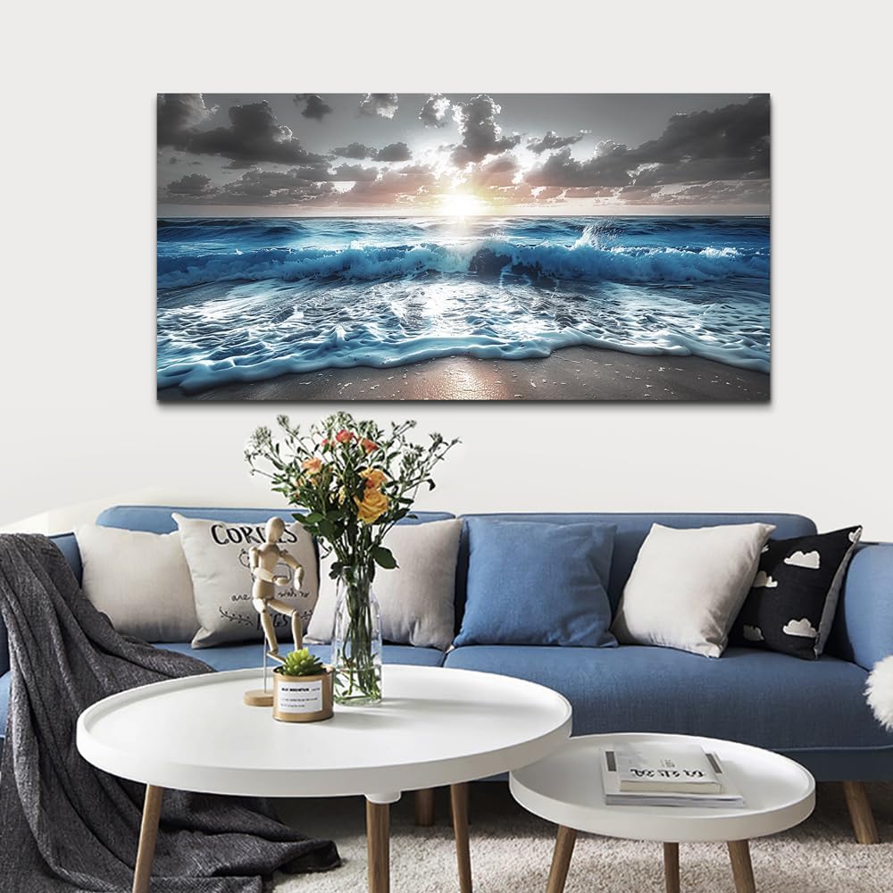 hyidecorart Blue Sea Waves Wall Pictures Framed Wall Art For Living Room Canvas Wall Decor For Office Sunshine Beach Painting Bedroom Home Decorations Prints Posters Mural Artwork Ready To Hang