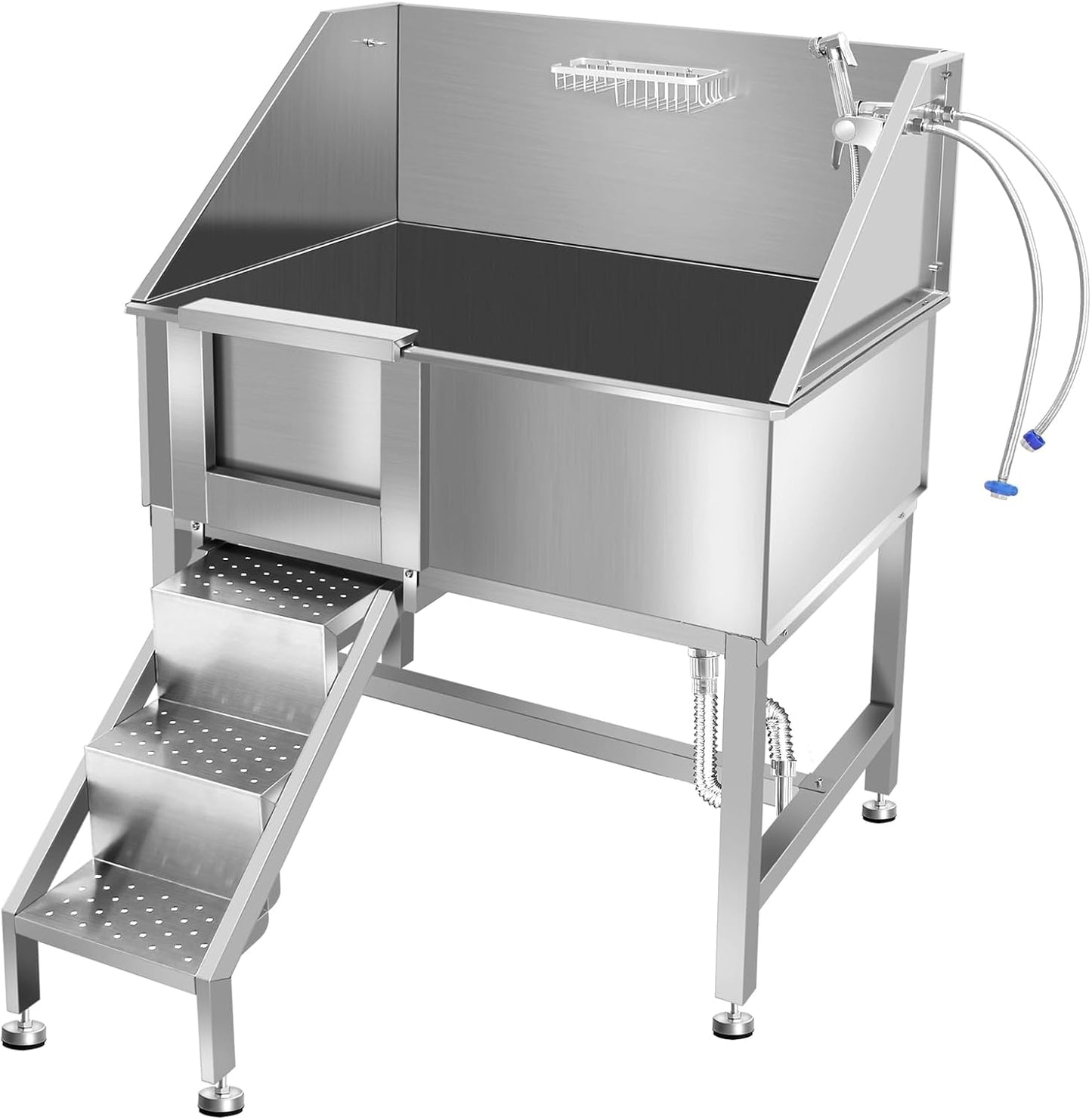38" Pet Dog Bathing Station W/Ramp, Professional Stainless Steel Dog Grooming Tub W/Soap Box, Faucet,Rich Accessory, Dog Bathtub for Large,Medium,Small Pets, Washing Sink for Home,L-RAMP