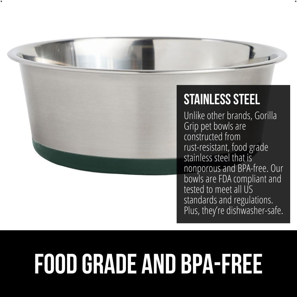 GORILLA GRIP Set of 2 Dog Bowls, Holds 6 Cups (48 fl oz), Heavy Duty Metal Food and Water Bowl for Feeding Dogs and Cats, Dishwasher Safe, Rust Resistant Stainless Steel, BPA Free Rubber Base, Green