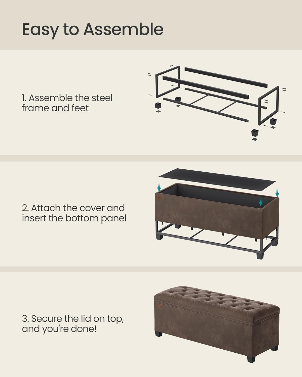 SONGMICS Velvet Storage Ottoman Bench, Foot Rest with Legs, 15.7 x 43 x 15.7 Inches, End of Bed Bench, Storage Chest, Load up to 660 lb, for Living Room, Bedroom, Entryway, Walnut Brown ULSF089K01