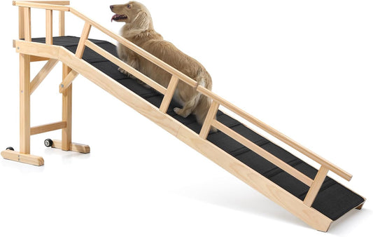 Dog Ramp for Bed or Couch, Wooden Pet Ramp with 20° Gentle Slope, Removable Side Rails, Non-Slip Surface, Top Platform & Wheels, Safe Bed Ramp for Small, Medium & Senior Dogs, 74" Long, Natural