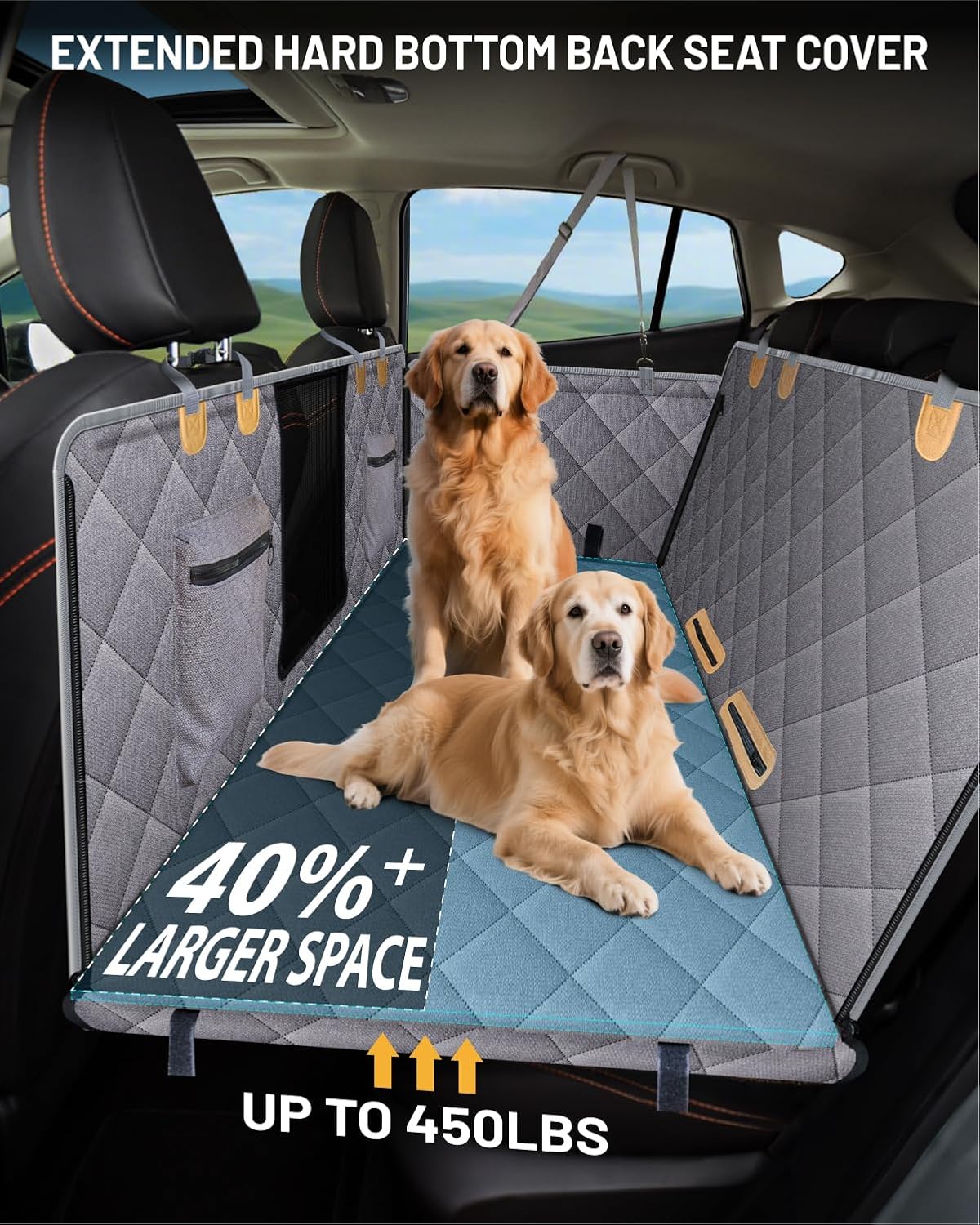 Back Seat Extender for Dog, Waterproof Dog Car Seat Cover for Back Seat, Hard Bottom Car Seat Cover, Large-Space Hammock for Car Truck SUV, Pet Seat Cover Holds 450lbs(Grey)