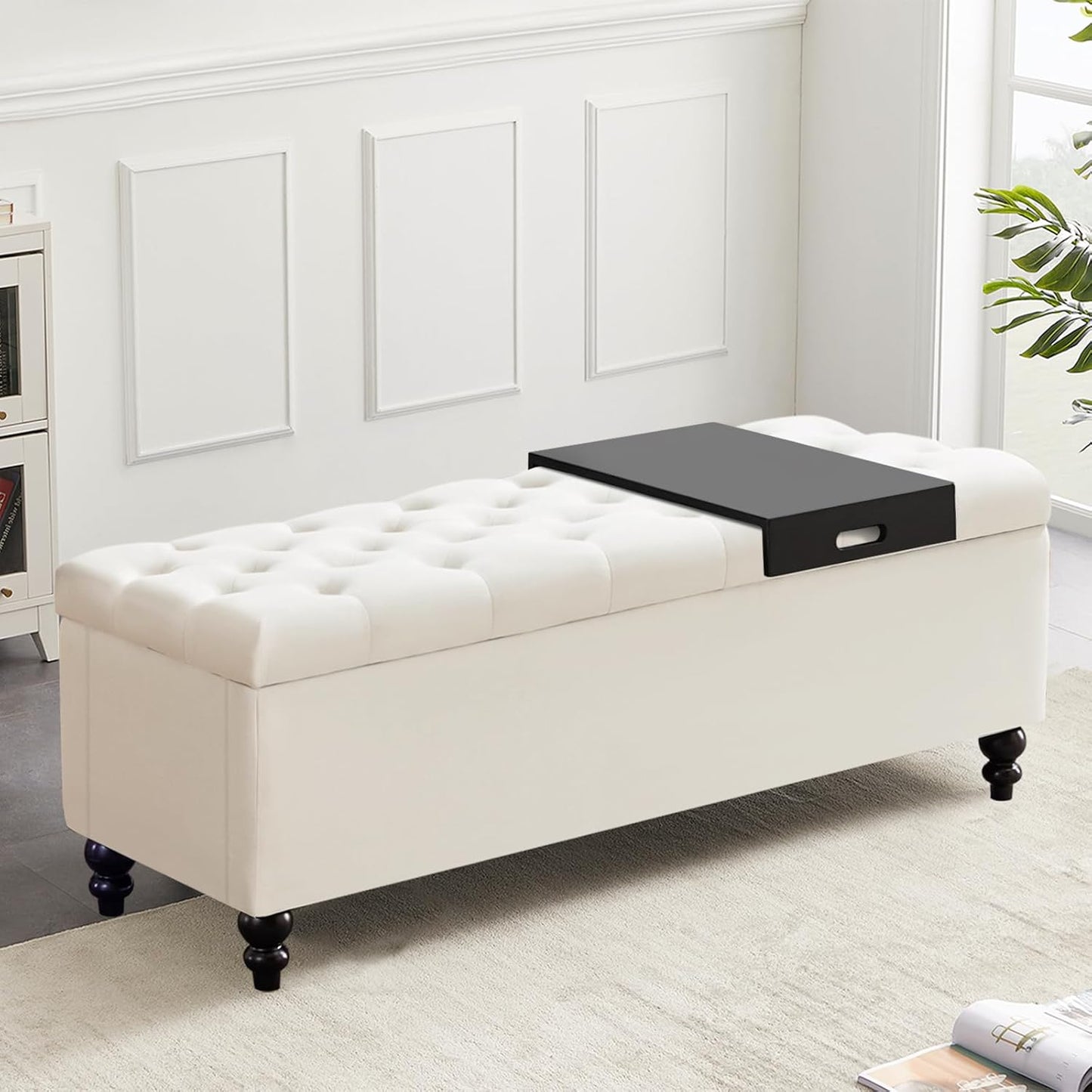 Ottoman with Storage,50.2-inch Upholstered End of Bed Storage Bench for Bedroom,for The Living Room,for Entryway, with Tray & Button and Safety Hinges,Detachable (White)