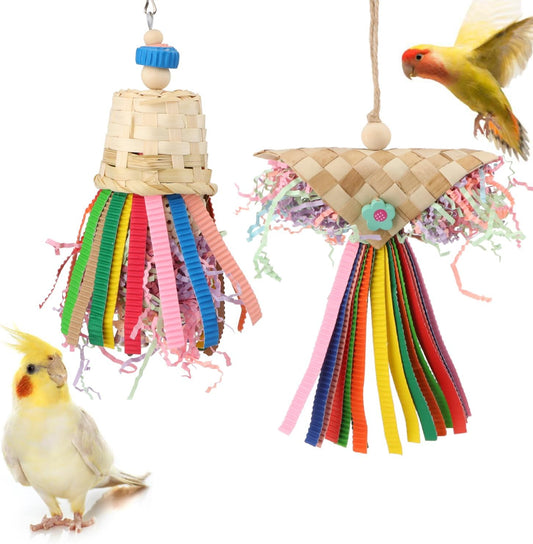 Wontee Bird Colorful Shredding Crinkles Foraging Toys Natural Sola Ball for Parrots Cockatiels Conures Budgies Senegal (Shredder Toys (2 Pack))