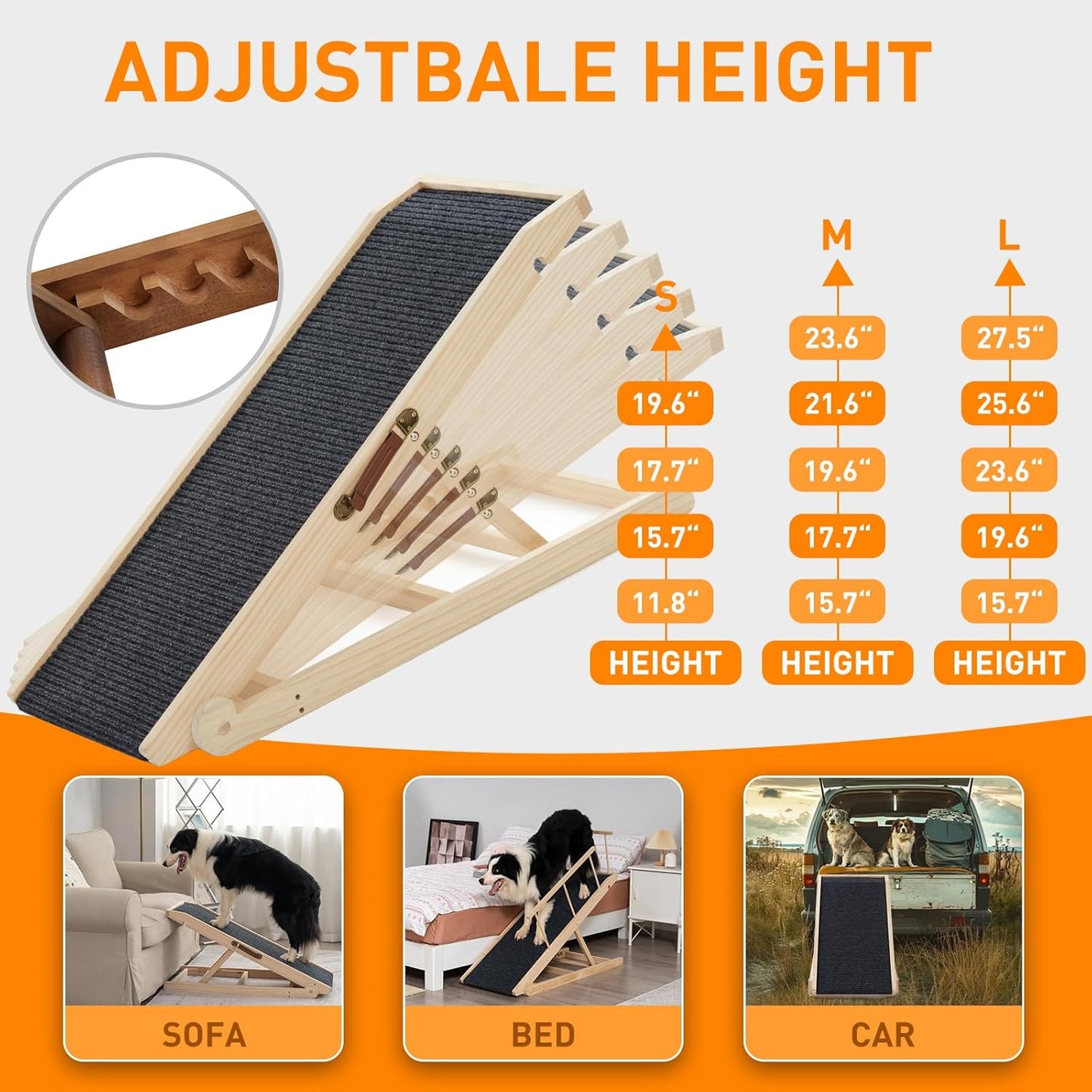 Dog Ramp for Bed Couch - Pet Steps Stairs to Get on Bed Couch 11.8"-19.6" High for Small or Large Dog Up to 200 lbs, Adjustable Wooden Dog Ramp Steps Foldable Portable, Anti-Slip Carpet (Brown)